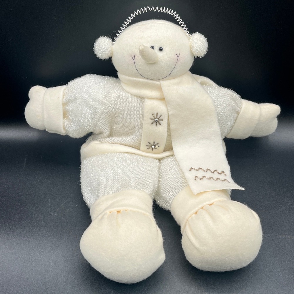 Ganz Snowman Winter White Plush Earmuffs Scarf White & Sparkly 15" Tall As Is